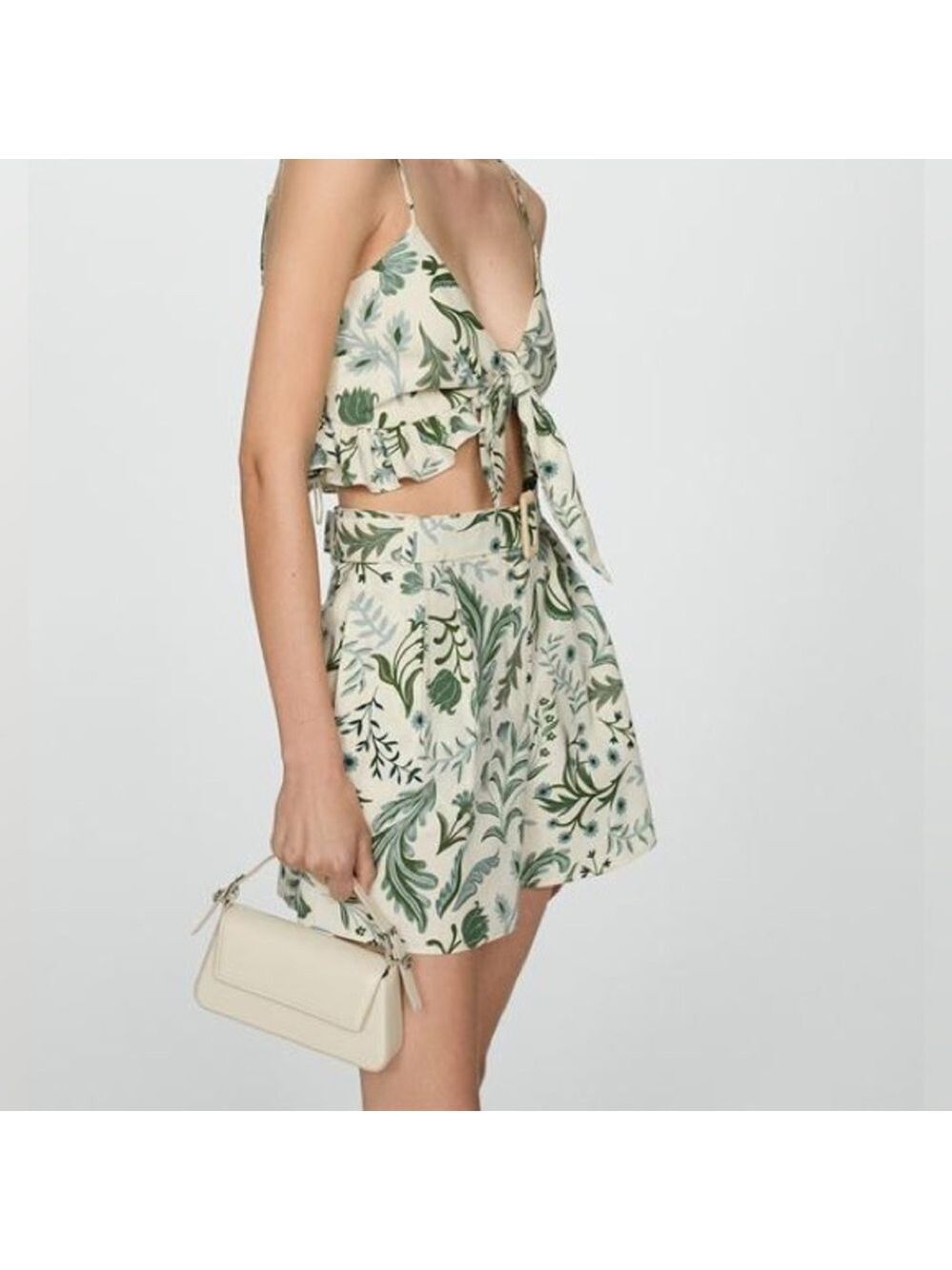 Mango Green Beige Botanic Shorts High Waisted Belted Cotton Linen Blend Size 4